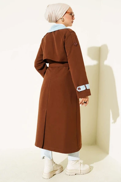 Kot Garnili Apoletli Trençkot Kahve - Resim 3