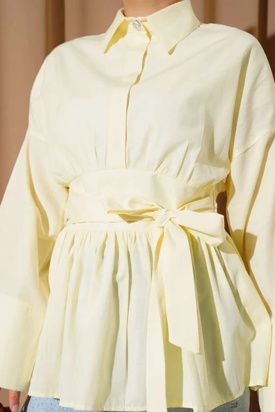 Gizli Düğmeli Bel Kuşaklı Gömlek Sarı - Resim 4