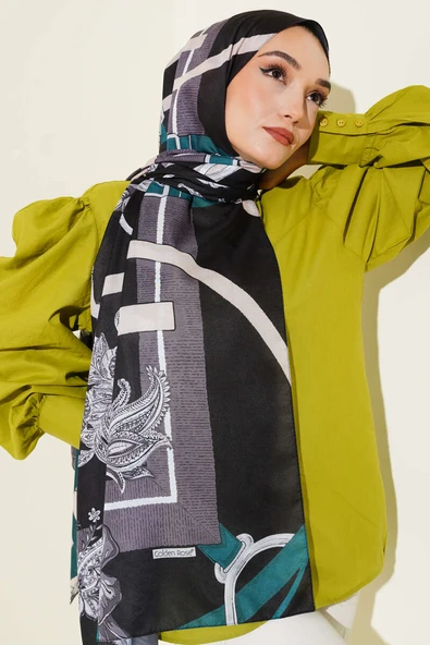Kemer Desenli Soft Şal Siyah Yeşil - Resim 2