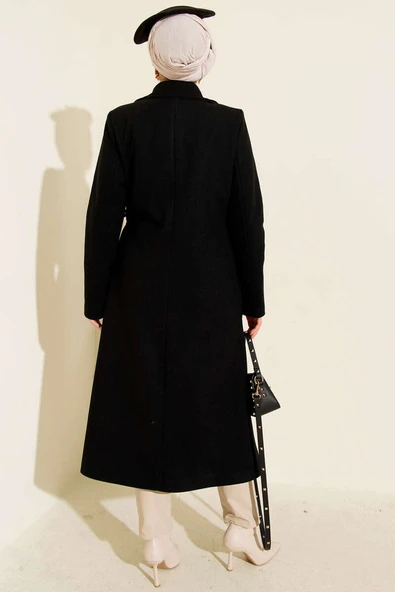 Yan Bağcıklı Kaşe Kaban Siyah - 3