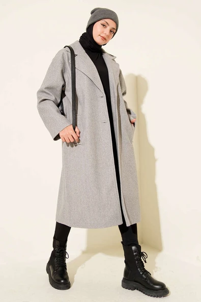 Kruvaze Yaka İki Düğmeli Detaylı Kaşe Kaban Gri - Resim 2