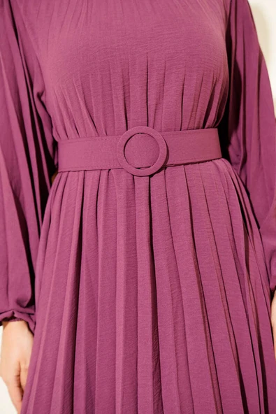 Piliseli Kemerli Ayrobin Elbise Menekşe - Resim 4