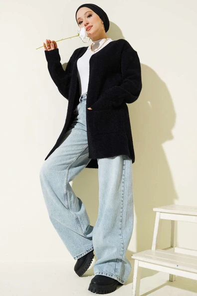 Çift Cepli Sakallı Hırka Siyah - Resim 2