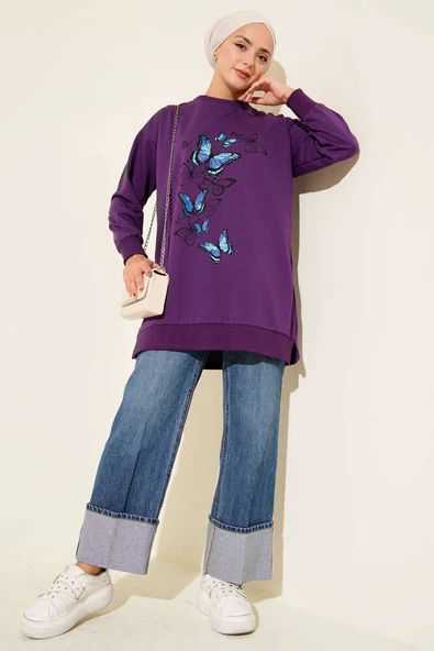 Kelebek Baskılı İki İplik Tunik Mor - Resim 2