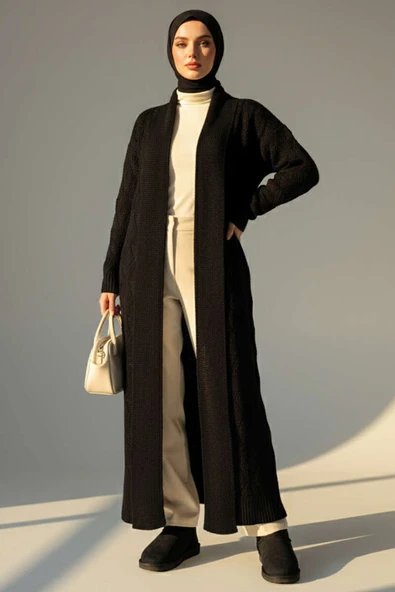 Şal Yaka Örgü Desenli Uzun Triko Hırka Siyah ürün görseli 1