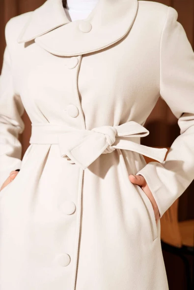 Yaka Düğmeli Kuşaklı Kaşe Kaban Taş - Resim 4