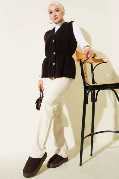 Bel Lastikli Sakallı Triko Yelek Kahve - Resim 2