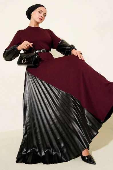 Deri Garnili Kemerli Elbise Bordo ürün görseli 1