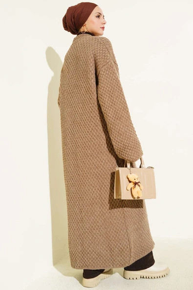 Geniş Cepli Uzun Triko Hırka Vizon - Resim 3