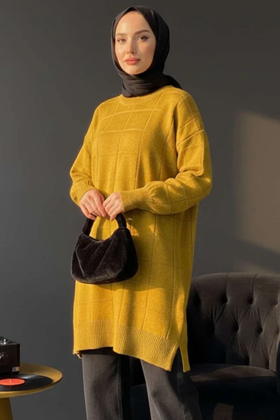 Kare Kabartmalı Yumoş Triko Tunik Yağ Yeşili ürün görseli