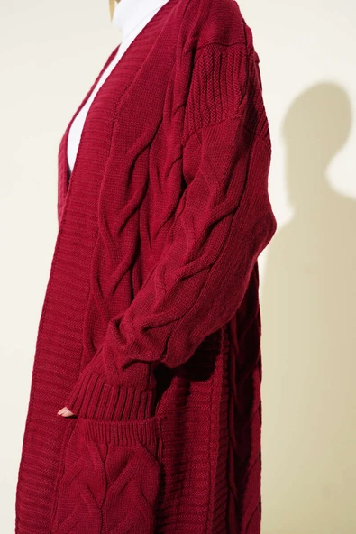 Cepli Örgü Desenli Uzun Hırka Bordo - Resim 4