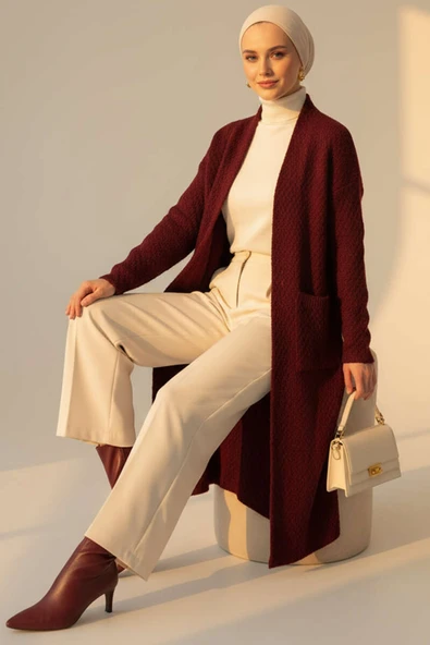 Geniş Cepli Uzun Triko Hırka Bordo - Resim 2