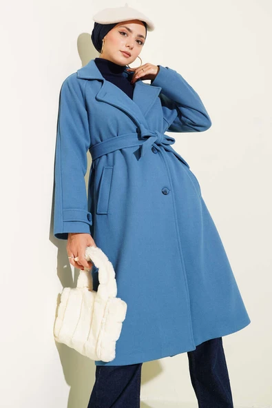 Tahta Düğmeli Kruvaze Yaka Kaşe Kaban Mavi ürün görseli 1