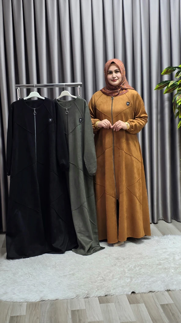 Kadın Giyim Büyük Beden Tam Boy Baklava Desenli Uzun Süet Pardesü - Resim 2