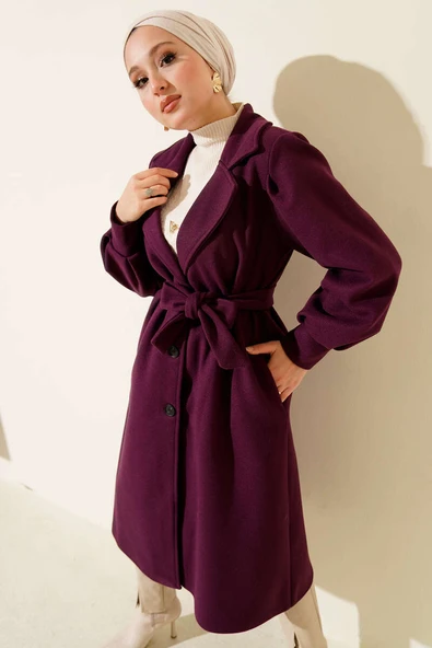 Balon Kollu Uzun Model Mor Kaşe Kaban ürün görseli 1