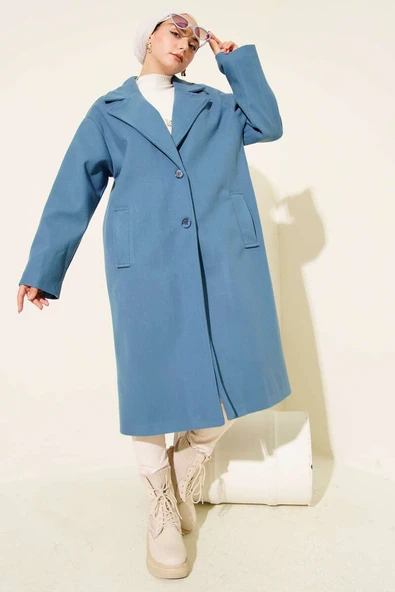 Kruvaze Yaka İki Düğmeli Detaylı Kaşe Kaban Mavi - Resim 2