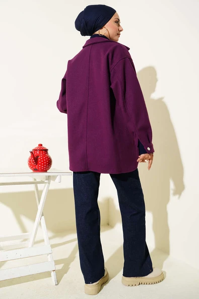 Çıtçıt Düğmeli Gömlek Yaka Kaşe Ceket Mor - 3