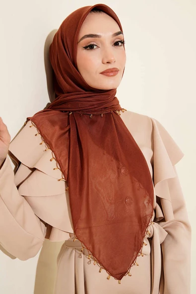 Mini Boncuk Detaylı Eşarp Kahve - Resim 2