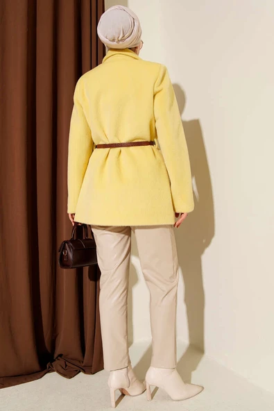 Tek Düğmeli Kemerli Sakallı Ceket Sarı - Resim 3