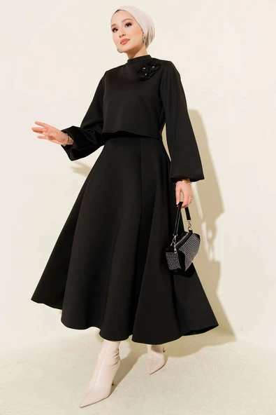 Gül İşlemeli Etekli İkili Takım Siyah ürün görseli 1