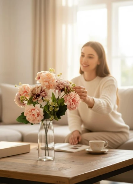 Yapay Çiçek Kartopu Krizantem Pudra Pembe 5Dallı 10toplu Demet 30cm - Resim 4