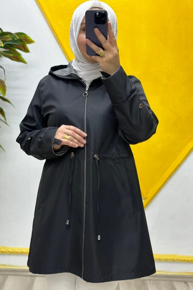 Kadın Tesettür Giyim Büyük Beden Mevsimlik Kısa Trençkot - Resim 2