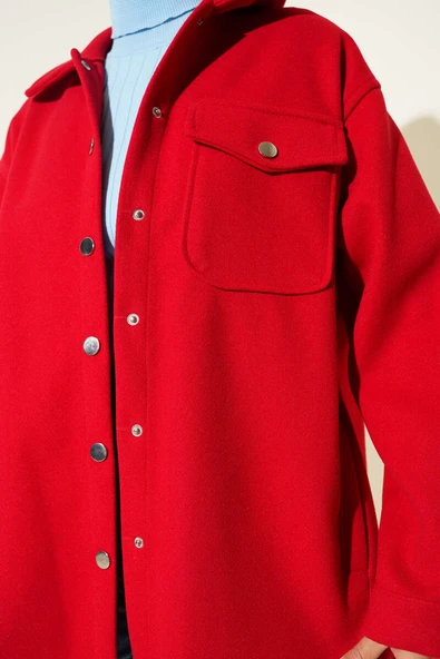 Çıtçıt Düğmeli Gömlek Yaka Kaşe Ceket Kırmızı - 4