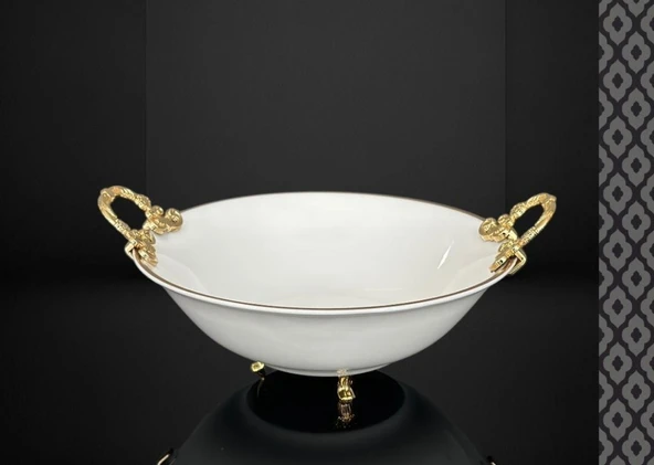 Efegil Bold Altın Yaldızlı Kulplu Porselen Kase 3 Ayaklı