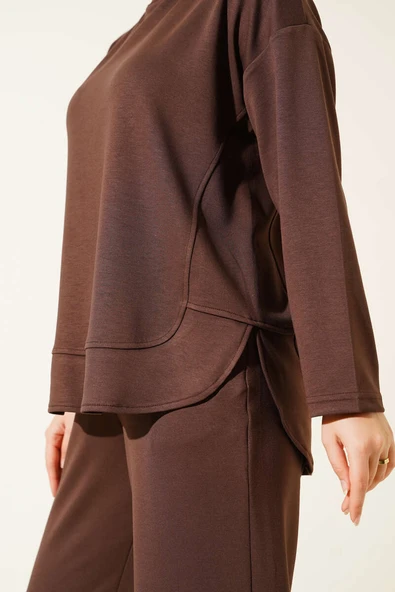 Bisiklet Yaka Oval Detaylı İkili Takım Kahve - Resim 4