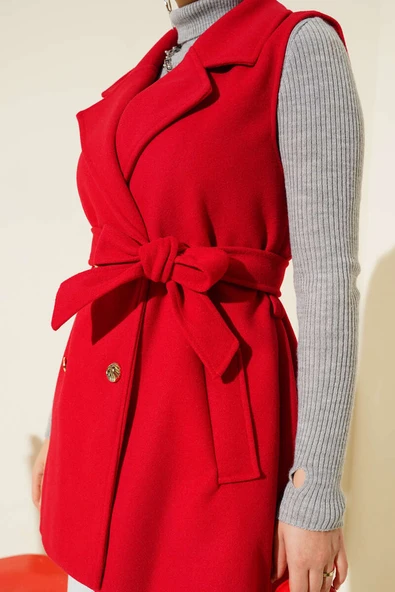 Sıfır Kol Kuşaklı Kaşe Yelek Kırmızı - 4