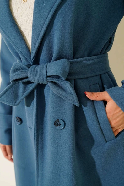 Kruvaze Yaka İki Düğmeli Kaşe Kaban Mavi - Resim 4