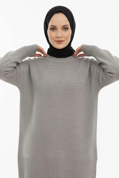 Düşük Omuz Detaylı Triko Tunik Gri ürün görseli