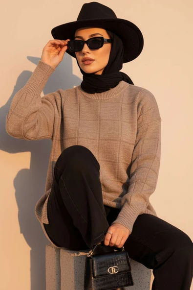 Kare Kabartmalı Yumoş Triko Tunik Vizon ürün görseli