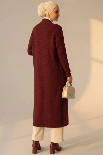 Geniş Cepli Uzun Triko Hırka Bordo - Resim 3