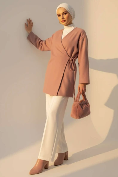 Yan Bağlamalı Kaşe Ceket Pudra - 2