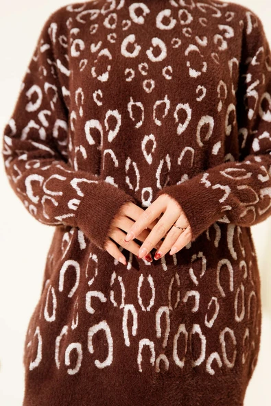 Leopar Desenli Sakallı Tunik Kahve Ekru - Resim 4