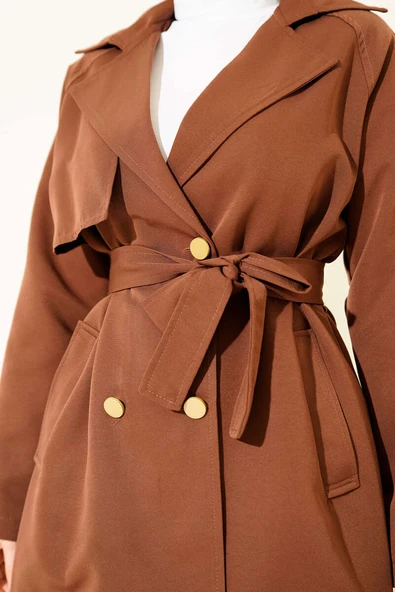Tek Omuz Apoletli Düğmeli Trençkot Kahve - Resim 4