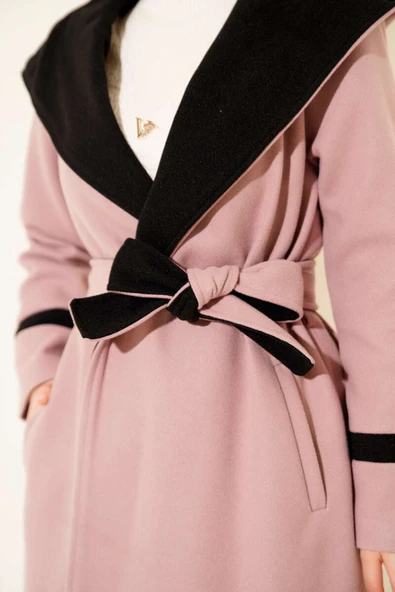 Kapüşonlu Kuşaklı Kaşe Kaban Pudra - Resim 4