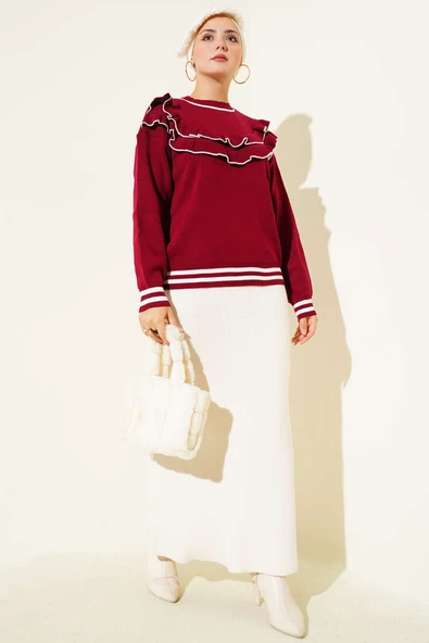 Önü Fırfırlı Triko Kazak Bordo - Resim 2