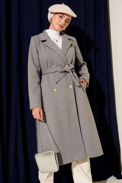 Gold Düğmeli Kuşaklı Kaşe Kaban Gri - Resim 2