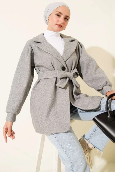 Balon Kol Kısa Kaşe Kaban Gri ürün görseli 1