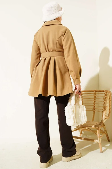 Kemerli Kısa Kaşe Kaban Camel - Resim 3