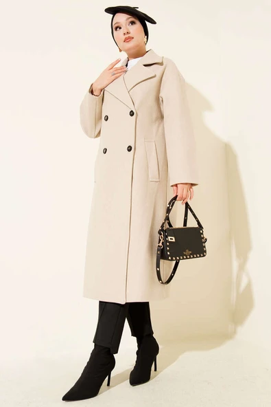 Şal Yaka Uzun Kaşe Kaban Bej ürün görseli 1