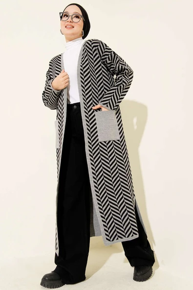 Zikzak Çizgili Desenli Uzun Triko Hırka Gri Siyah - Resim 2