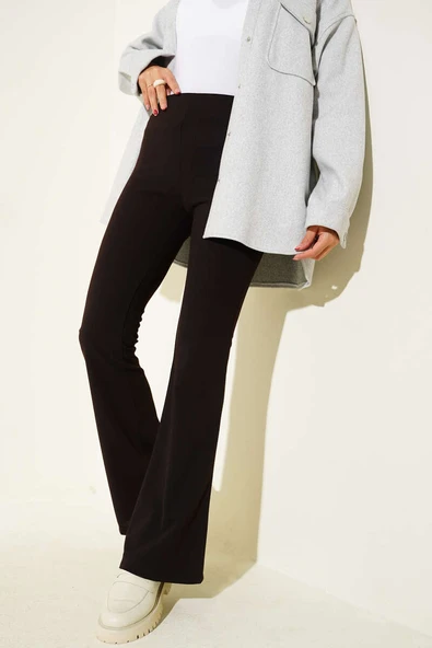 Yandan Fermuarlı İspanyol Paça Kahve Pantolon - Resim 2