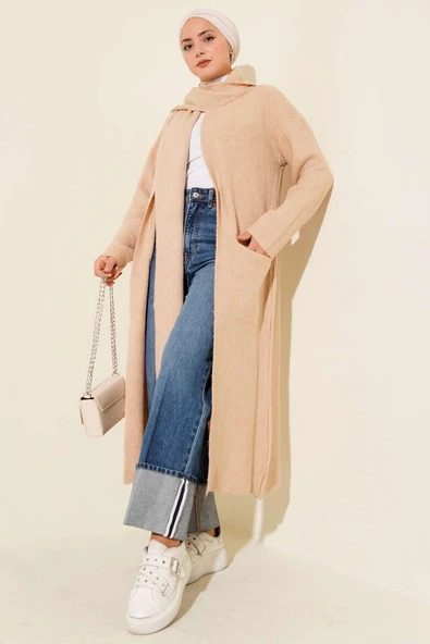 Şal Yaka Cepli Uzun Triko Hırka Latte ürün görseli 1