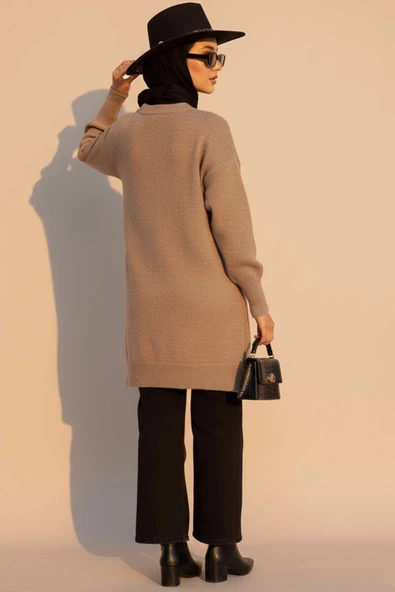 Kare Kabartmalı Yumoş Triko Tunik Vizon - Resim 3