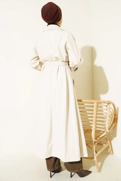 Düğmeli Kuşaklı Deri Trençkot Taş - Resim 3