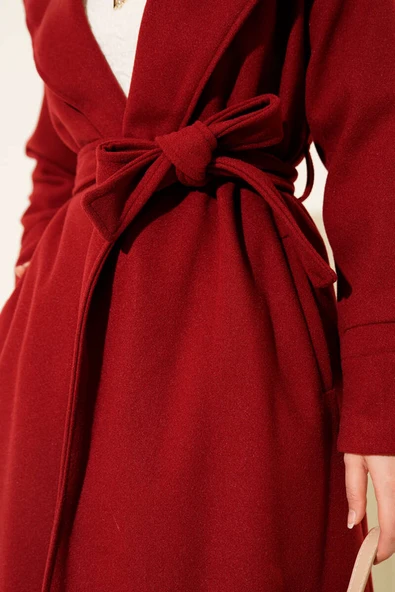 Kapüşonlu Kuşak Detaylı Kaşe Kaban Bordo - Resim 4