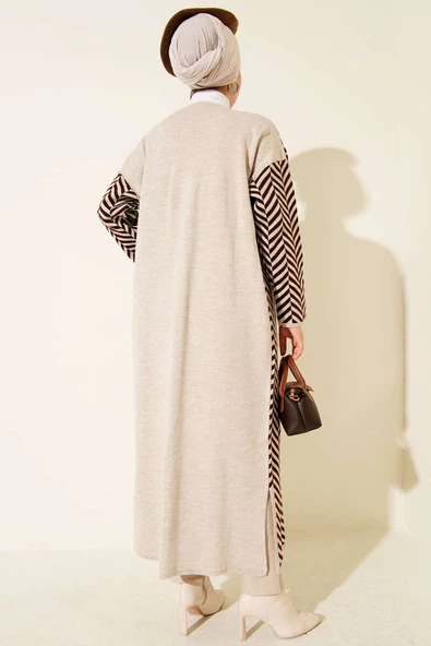 Zikzak Çizgili Desenli Uzun Triko Hırka Bej Kahve - Resim 3